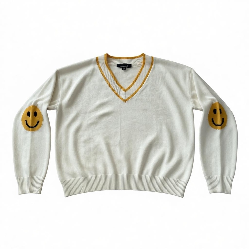 Zara Cream V-Neck Sweater with Yellow Smiley Faces